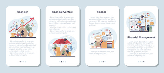Fototapeta na wymiar Financier mobile application banner set. Business character making