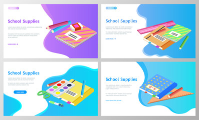 Supplies for lessons, vector illustration. Collection of school supplies or stationery. Isometric cartoon items for education of smart pupils and students. Knowledge and education. School accessories