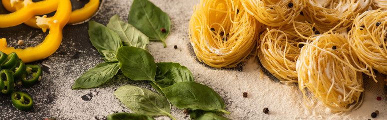 raw Italian Capellini with vegetables on flour on black background, panoramic shot
