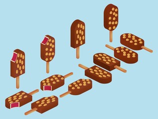 Set of isometric icecream. Chocolate ice cream with jam filling nut crumb on a stick. Bite mark. Isolated vector illustration.