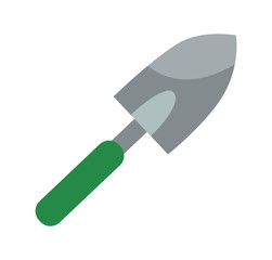 Garden shovel with a green handle. Iron spade. Garden or farm tools. Digging, manual labor, planting plants. Gardening and agriculture. Simple illustration of farm hand shovel icon for web design