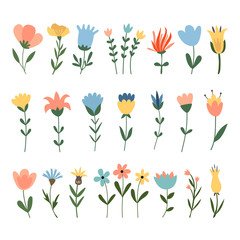 Set of vector flowers. Collection of 25 elements isolated on white.  Blue, pink, yellow colors. Cute cartoon flat design. Daisy, tulip, cornflower, wild and fantasy flowers.