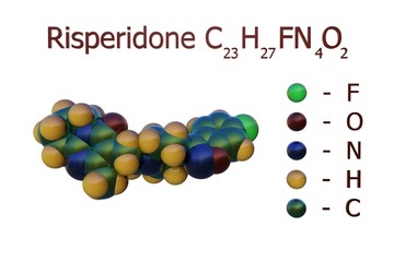 Structural chemical formula and space-filling molecular model of risperidone, an atypical antipsychotic and dopamine blocker. Scientific background. 3d illustration