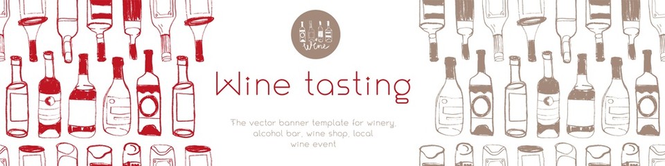 Panoramic banner template of New Bio winery concept. Bottles seamless pattern with hand drawn linear Illustrations for Biodynamic wine shop, restaurant website banner. Produce natural Organic Wines.