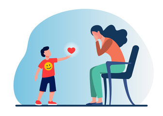 Little boy giving heart to sad mother. Love, care, childhood flat vector illustration. Relationship and family concept for banner, website design or landing web page