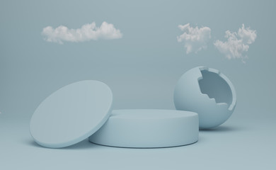 Podium empty with geometric shapes and cloud in sky blue pastel composition for modern stage display and minimalist mockup ,abstract showcase background ,Concept 3d illustration or 3d render