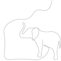 Elephant on white background line drawing near tree. Vector illustration