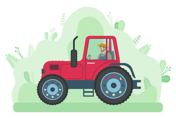 Man is driving tractor on the road near the meadow . Bearded farmer is siting in agrimotor cabin on nature landscape. Agriculture driver profession, harvesting and cultivation in summer in countryside