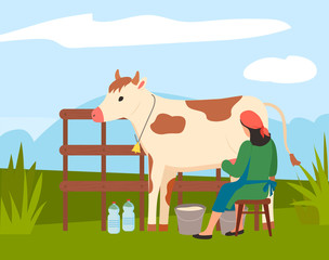 Woman farmer in uniform near cow on nature landscape. Milkmaid is working at countryside, sitting on chair and milking cow in rural area. Back view of woman wearing an apron pouring milk into bucket