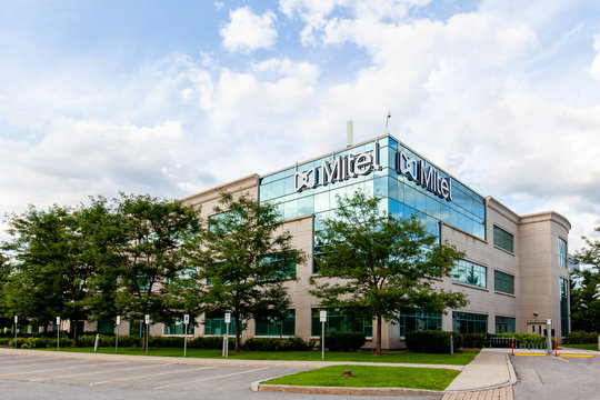 Kanata, Ontario, Canada - August 8, 2020: Mitel building at their headquarters in Kanata, Ontario, Canada. Mitel Networks Corporation is a Canadian telecommunications company.