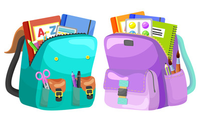 Colored school backpack. Education and study back to school, schoolbag luggage, rucksack vector illustration. Kids school bag with education equipment. Backpacks with study supplies. Student satchels