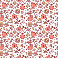 Vector Seamless pattern with Hand drawn Doodle Fruits. Pomegranate Fruit, Flowers and Leaves repeating background. Floral Wallpaper
