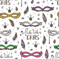 Celebration Carnival Seamless pattern. Mardi Gras Party. Hand drawn Mardi Gras lettering with Venetian masquerade mask, feathers and stars. Holiday Vector background
