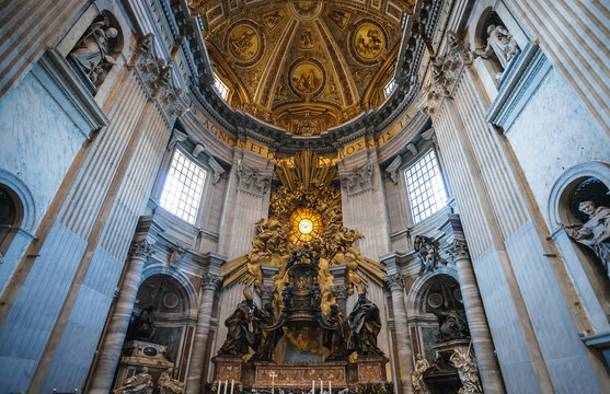 VATICAN, ITALY - DECEMBER 16, 2010: Cathedra Petri and Gloria in Saint Peter Basilica in Vatican city. The decor was designed by Gian Lorenzo Bernini and executed between 1647-53.