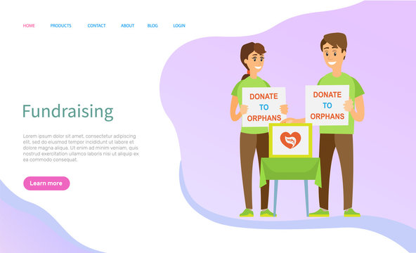 Fundraising Vector, People Standing With Boxes For Money And Tables With Signs, Helping Orphans And Homeless, Social Workers Volunteers Set. Website Or Slider App, Landing Page Flat Style