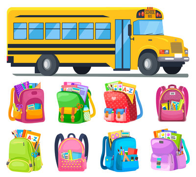 Schoolbags with stationery and books, and school bus vector. Transport and backpacks or rucksacks, copybooks and pencils, ruler and paintbrush. Back to school concept. Flat cartoon