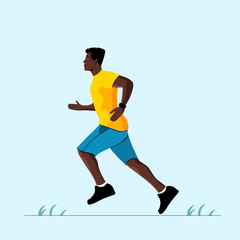 Fototapeta na wymiar Man running during fitness training vector illustration. Athlete listening to music and running during workout.