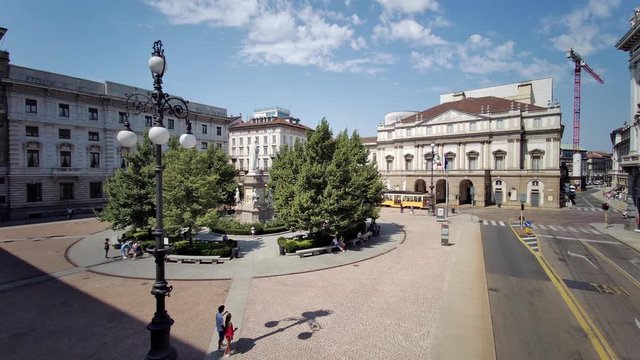 Milan, Italy. Scala square, view of Teatro della Scala with tram