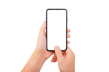 Hand holding smartphone and using thumb on button new smartphone home on white background