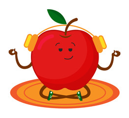 Yoga cute red apple fruit. Vector illustration isolated on white background.