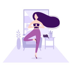 Fitness and healthy lifestyle. Stay at home concept. Pretty girl with long dark hair practicing yoga in the room or apartment in front of window. Young woman doing exercise. Workout with cat