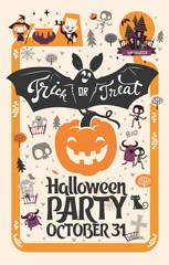 Holiday Happy Halloween flyer template with funny cartoon smiling bat with spread wings and Trick or Treat lettering carrying carved Halloween pumpkin against orange background.