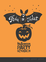 Funny cartoon smiling bat with spread wings and Trick or Treat lettering carrying carved Halloween pumpkin against orange background. Vector illustration for party invitation, festive banner, poster.