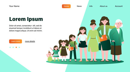 Smiling woman in different age. Lady, infancy, mother flat vector illustration. Growth cycle and generation concept for banner, website design or landing web page