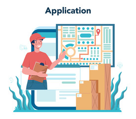 Forwarder online service or platform set. Loader in uniform delivering