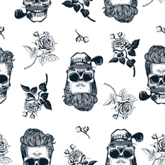 Hipster seamless pattern with skulls silhouettes, flowers roses. Sculls in vintage engraving style. Mustache, beard, tobacco pipes. Black and white Vector illustration.