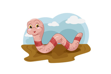 Pink red worm cute with blue sky and cloud background and brown land