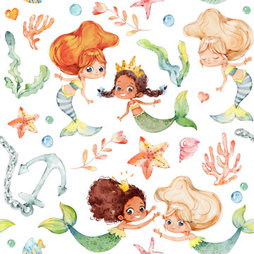 Seamless pattern with multiracial cartoon girls mermaids, sea elements, sea stars, fishes, flowers etc Mermeids Pattern on a white