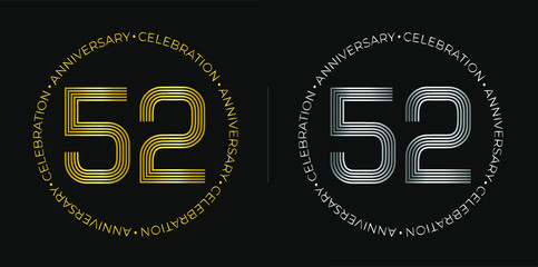 52th birthday. Fifty-two years anniversary celebration banner in golden and silver colors. Circular logo with original numbers design in elegant lines.