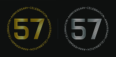 57th birthday. Fifty-seven years anniversary celebration banner in golden and silver colors. Circular logo with original numbers design in elegant lines.