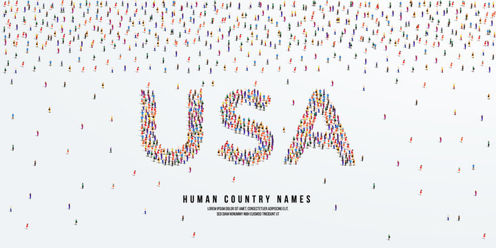 Human country name USA. large group of people form to create country name United Sates of America. vector illustration.