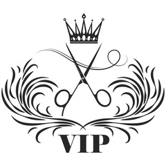 Scissors with crown curl of hair vip symbol for beauty salon and hairdresser