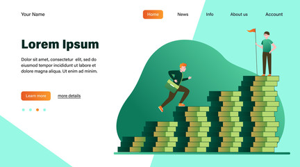 Man climbing on money bar chart. His colleague standing on top with flag flat vector illustration. Finance, success, leader concept for banner, website design or landing web page
