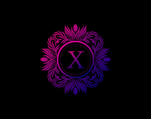 Luxury Badge X Letter Logo. Luxury calligraphic vintage emblem with beautiful classy floral ornament. Vintage Heraldic Frame design Vector illustration.