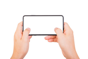 Two Hand Holding Smartphone in Horizontal, using thumb on button new smartphone on white background