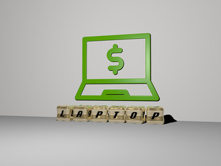 laptop 3D icon on the wall and cubic letters on the floor, 3D illustration for computer and business