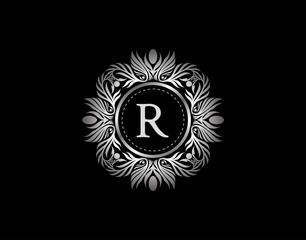 Luxury Silver Badge R Letter Logo. Luxury calligraphic vintage emblem with beautiful classy floral ornament. Vintage Heraldic Frame design Vector illustration.