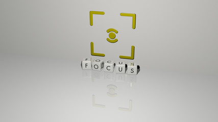 FOCUS text of cubic dice letters on the floor and 3D icon on the wall, 3D illustration for background and selective