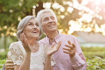 Smiling senior couple embracing in autumn park