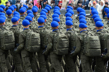 Soldiers marching on a square during military parade