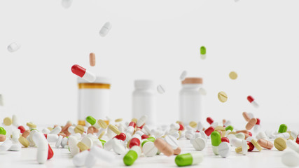 Pills on the floor with jars, different colored tablets, capsules. Health care concept. Antibiotics inside pills, vitamins. Product from pharmacy. Pharmaceutical company, industry, 3d illustration