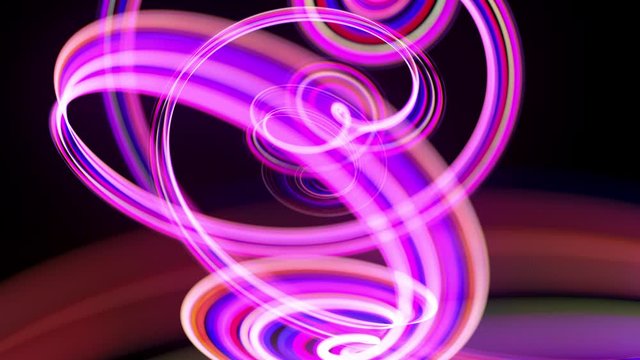 Motion graphics, sci-fi bg. Stream of multicolor neon lines form spiral shape, curls and pattern. Abstract background with light trails, Modern trendy motion design background. Light flow bg in 4k.