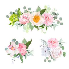 Stylish various flowers bouquets vector design set. Green hydrangea, rose, camellia, orchid, peony, anemone, carnation, eucaliptus leaf, wildflowers