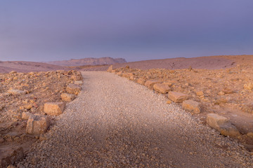 Blue hour with footpath and Mount Ardon, Makhtesh (crater) Ramon