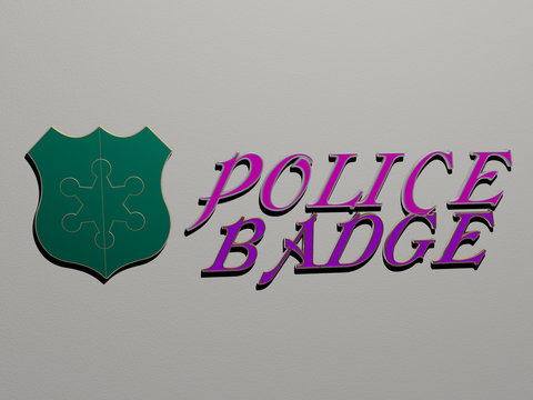3D graphical image of police badge vertically along with text built by metallic cubic letters from the top perspective, excellent for the concept presentation and slideshows for illustration and