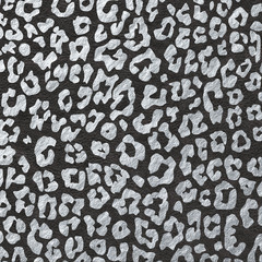 Metallic Silver Animal Print Pattern on Dark Leather Texture Background, Digital Paper, Leopard